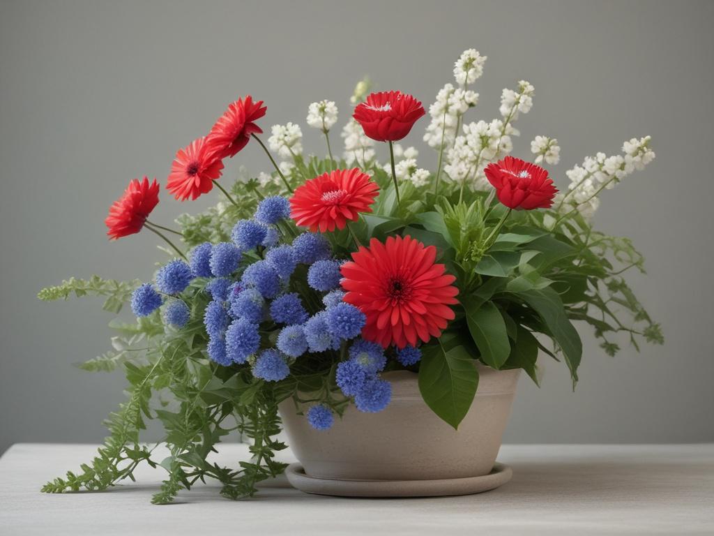 Fourth Of July plants, red white blue flowers, summer garden decor