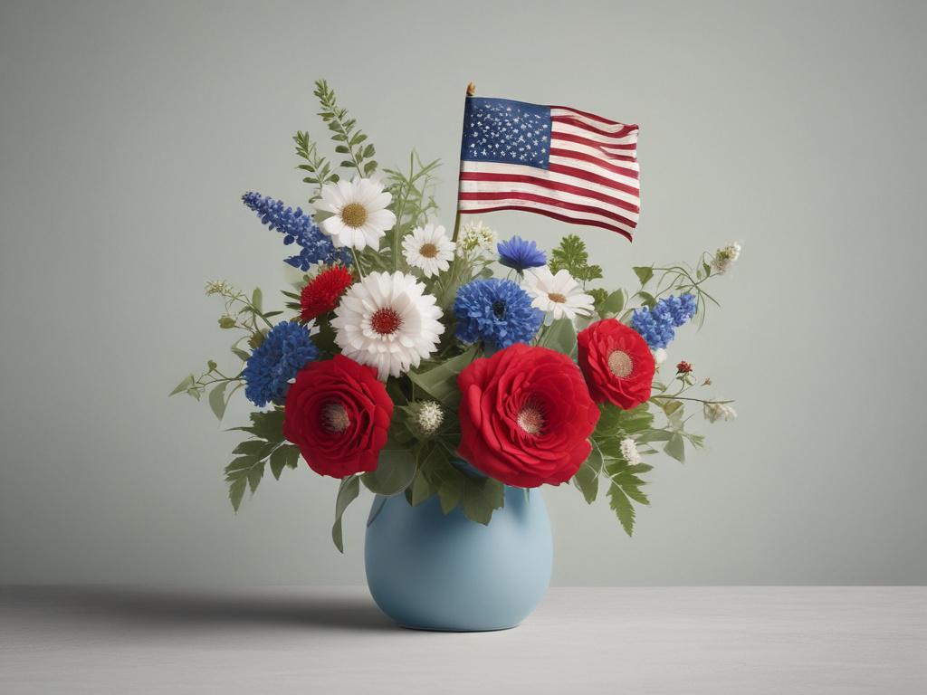 Memorial Day, flowers, red white blue, remembrance, greenery
